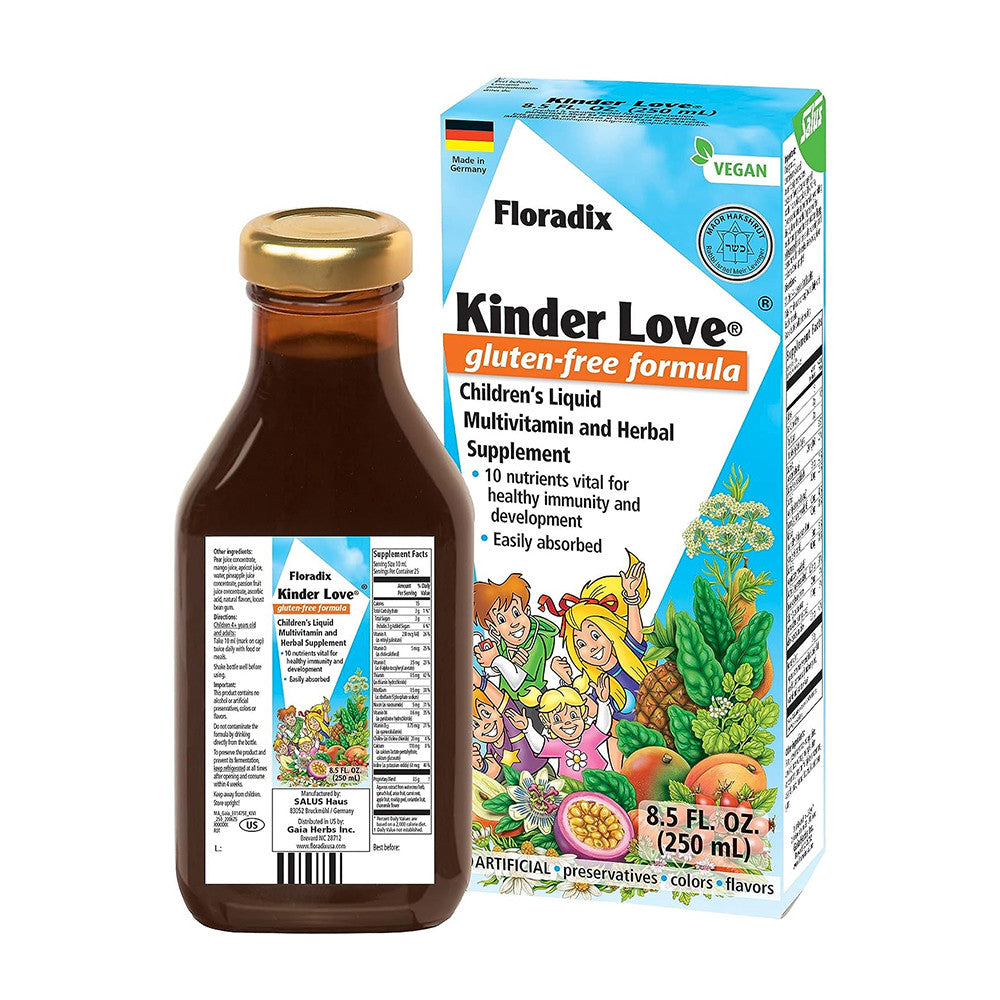 Floradix Kinder Love Childrens Vegetarian Liquid Multivitamin for Healthy Development, 8.5 Oz